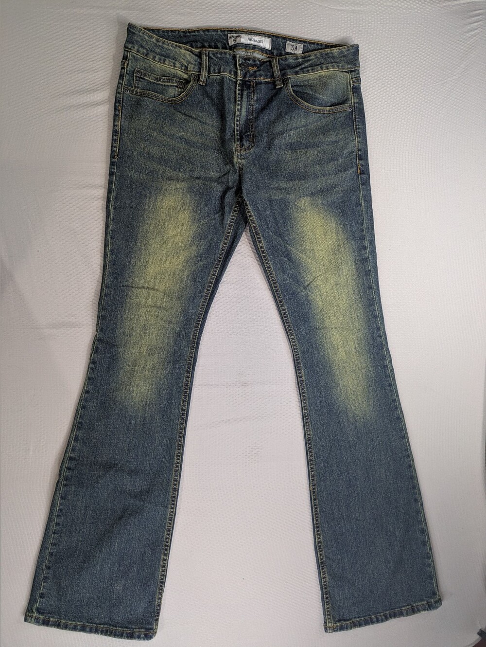Wornstar Hellraiser Jeans Mens 34x34 Vintage Blue Faded Wash Flare Bootcut Denim